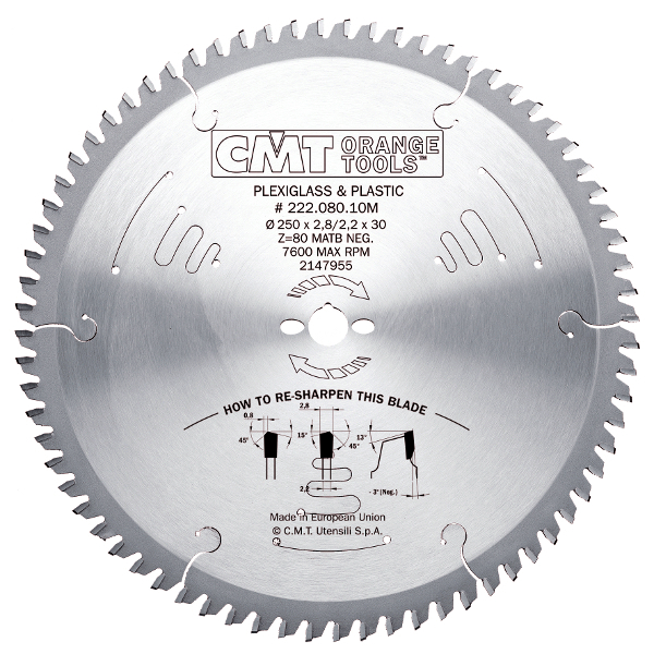 CMT 222.080.10M Saw blade for Plexiglas/PVC/Laminate 250 x 30 x 80T