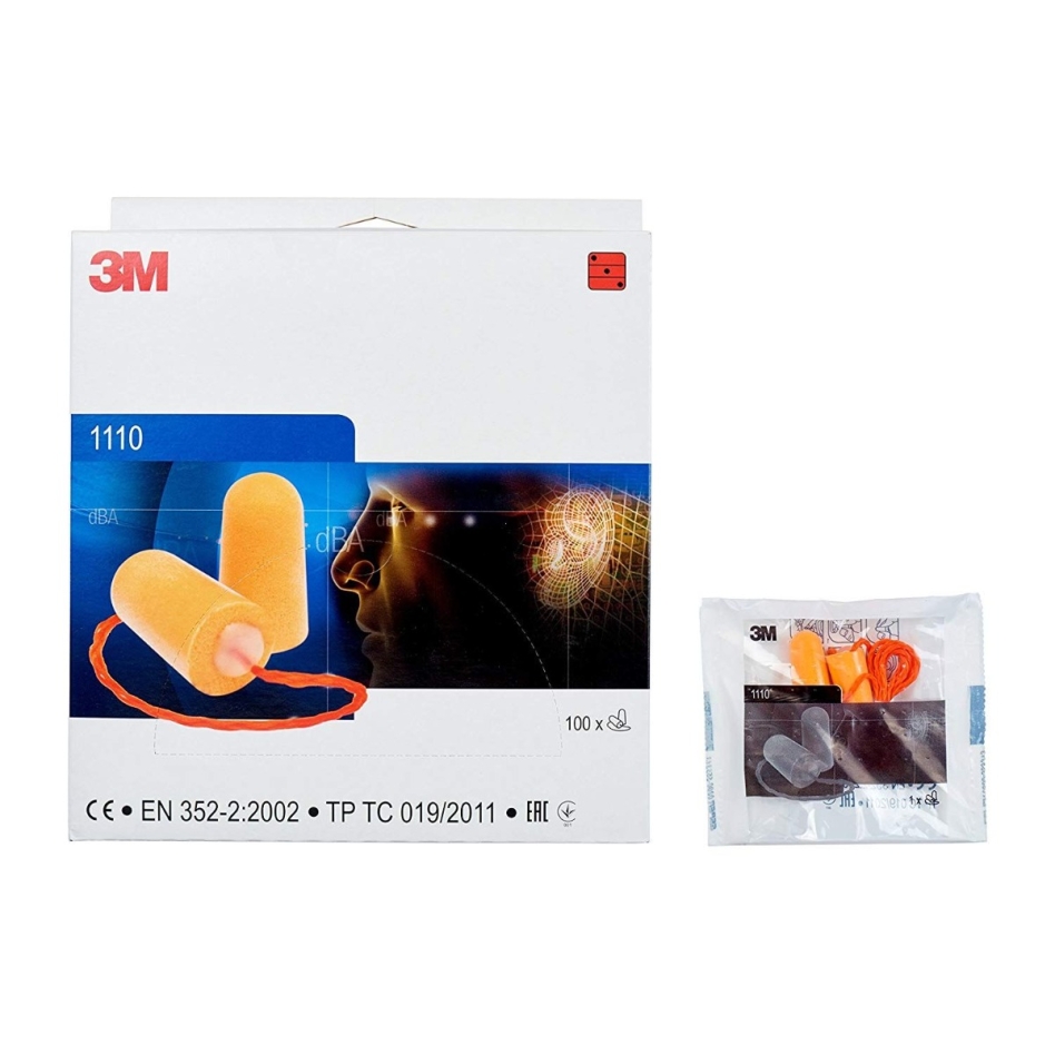 3M 6.21.15.215.00 Earplugs, 37 dB, with cord, 100 pairs/box, 1110
