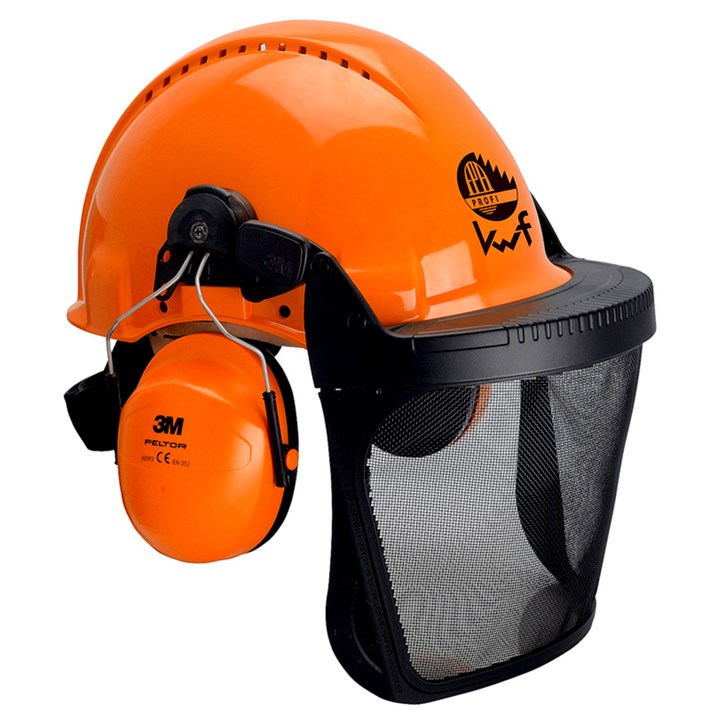 3M 7.21.15.331.55 Helmet combination for forestry, G3000 orange helmet, H31 Earmuffs, metal face shield 5C