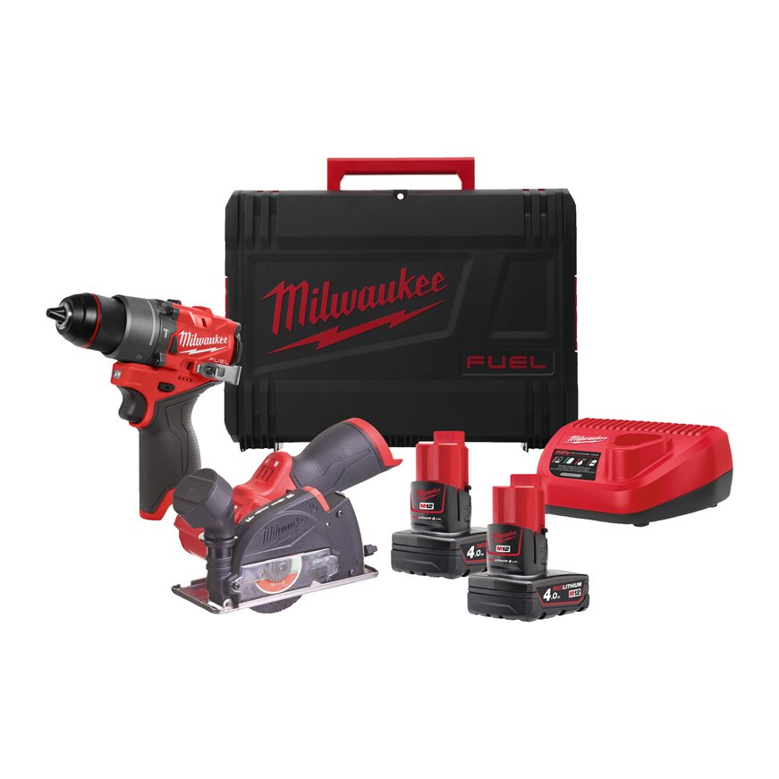 Milwaukee 4933480592 M12 FPP2G2-402X Powerpack M12 FPD2 Impact Drill + M12 FCOT Grinder 12V 4.0Ah in HD Box