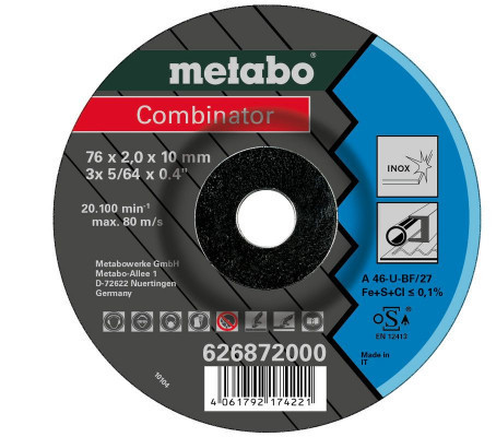 Metabo Accessories 626872000 Cut-off / grinding disc Combinator Inox 76 x 2,5 x 10 mm 3 pieces