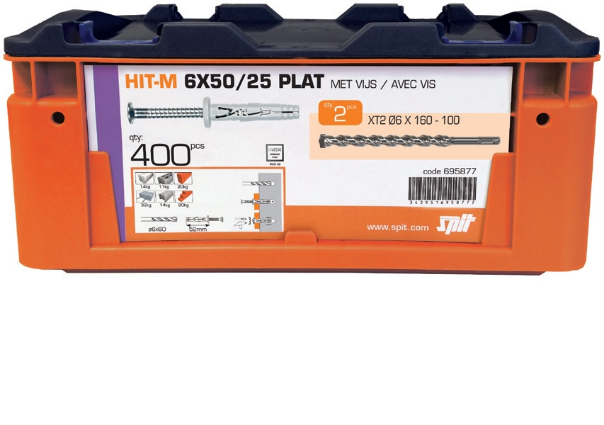 Spit Fasteners 695877 Hammer plug with collar HIT-M 6 x 50 /25P 400 pcs 2 x XT2 sds plus drill bit 6x160-100