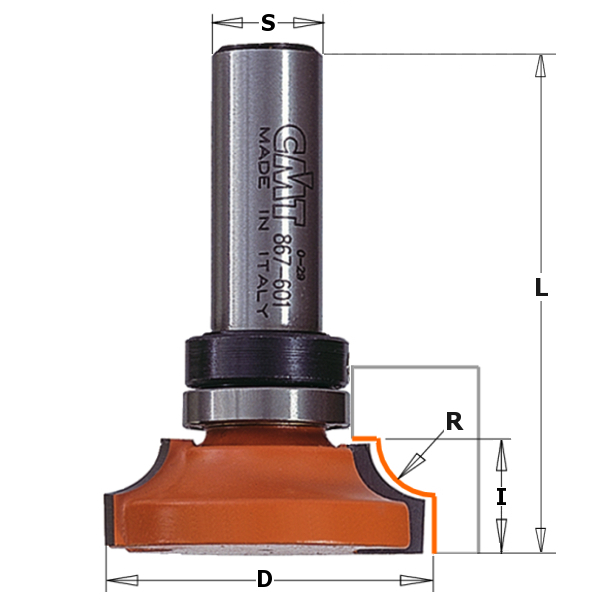 CMT 967.103.11B Profile cutter R9,5 with guide bearing on shank 38x14,5 mm shank 8 mm