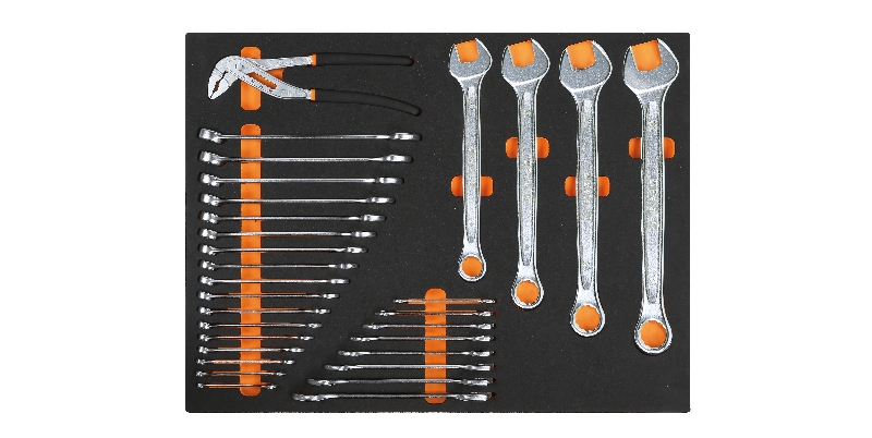 Beta 024504212 Soft Insert tray including combination wrench set, fork wrench and adjustable pliers - 30 pieces