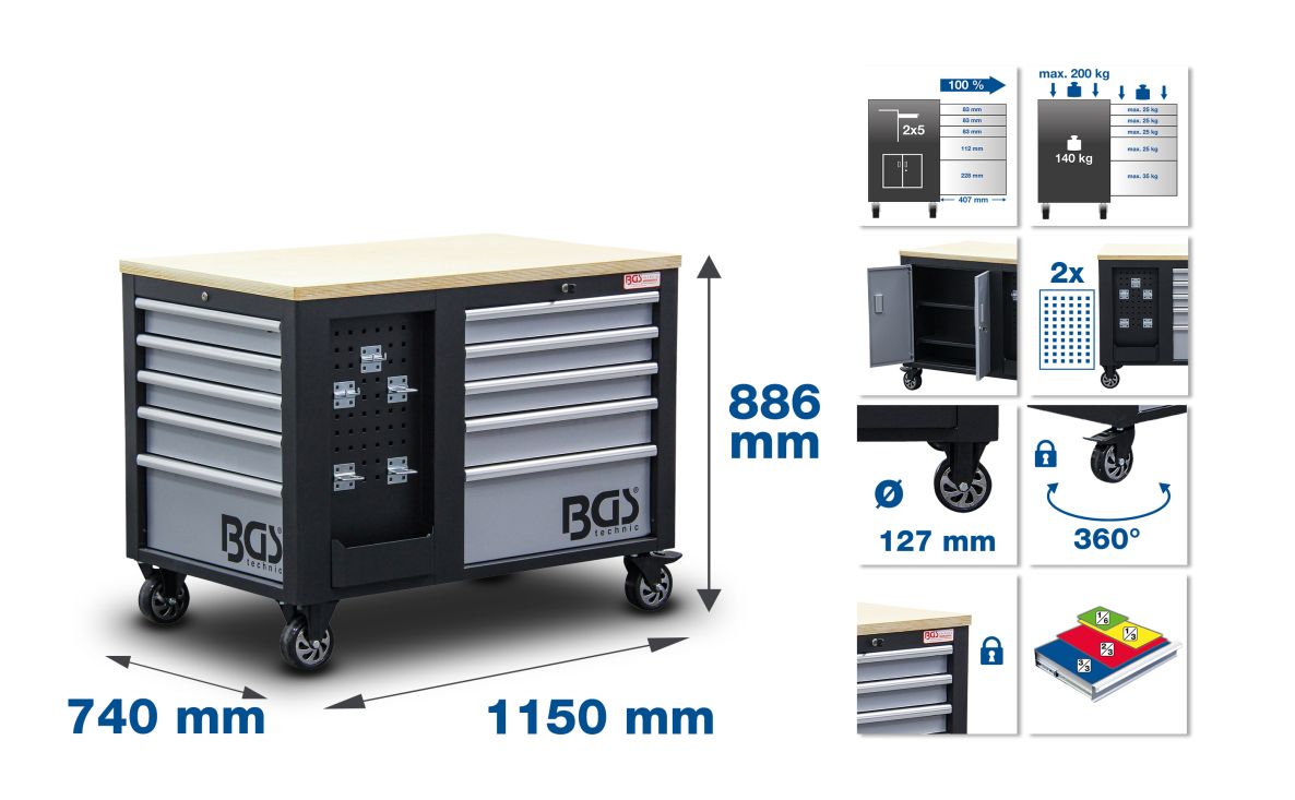 BGS 4199 Tool trolley 2 x 5 drawers 1 case empty
