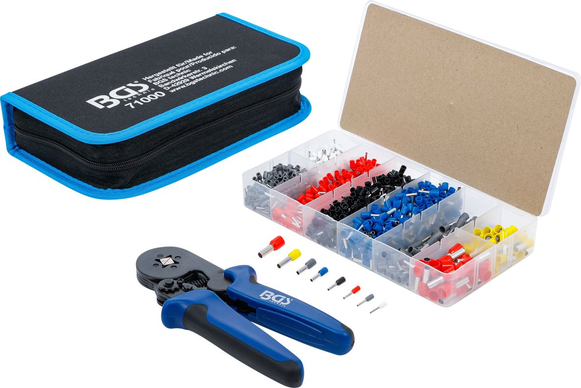BGS 71000 Crimping Pliers for end sleeves 0.25 - 10 mm² with assortment of end sleeves 0.5 - 10 mm²