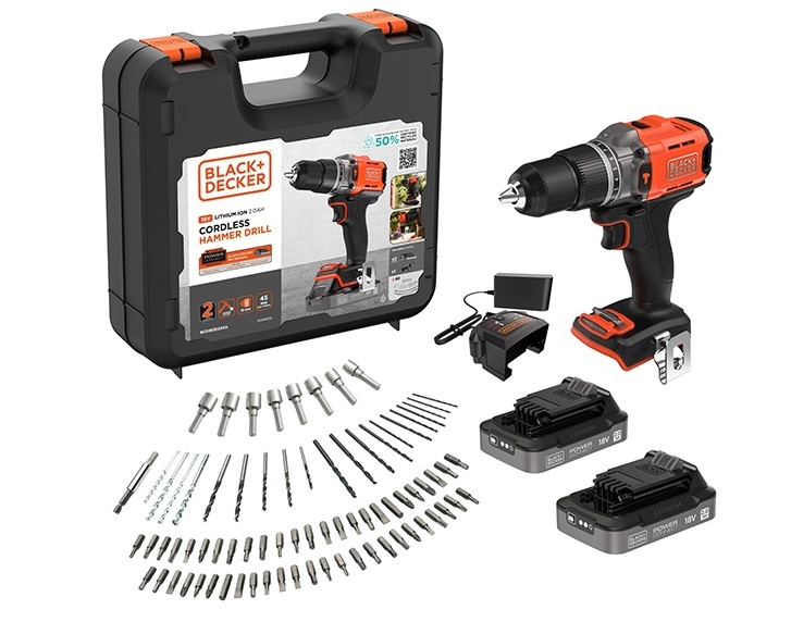 Black & Decker BCD383D2XKA-QW Cordless drill 2x 18V 2.0Ah battery and accessory set 80-piece in case