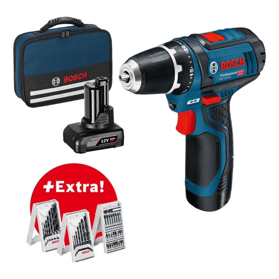 Bosch Professional 0615990G6L GSR 12V-15 Cordless drill 12V 2.0/4.0Ah Li-Ion + 39-piece accessory set in bag