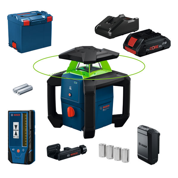 Bosch Professional 0601061G00 GRL 18V-3-31 G Rotatielaserset met LR3-2 laserontvanger + houder 4x 1,5V LR2 (D) en 2x 1,5V LR6 (AA) batterijen 1x 18V 4.0 Ah accu en snellader in L-Boxx