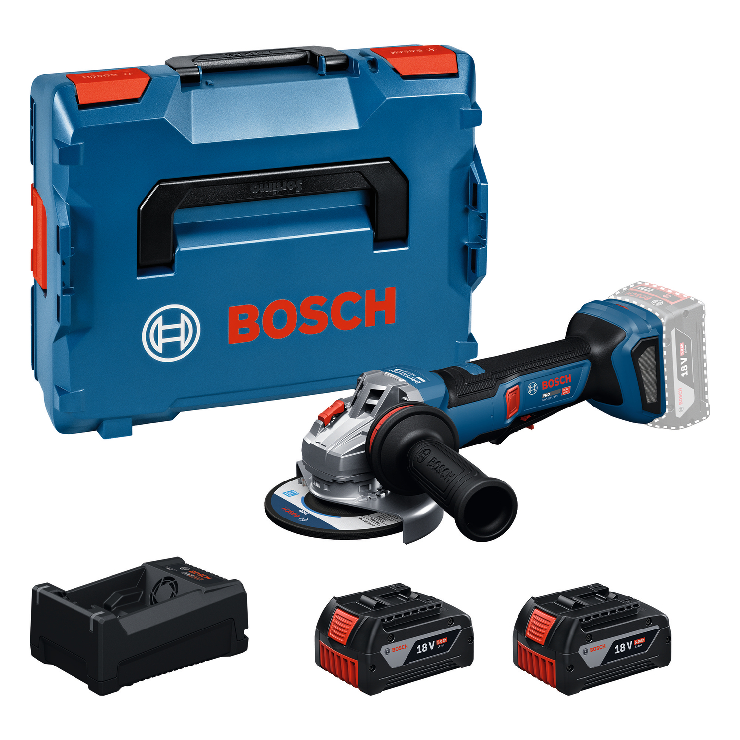 Bosch Professional 06019N4302 GWS18V-11PS Accu angle grinder 2x GBA 18V 5.0Ah and charger GAL 12V/18V-80 in L-Boxx