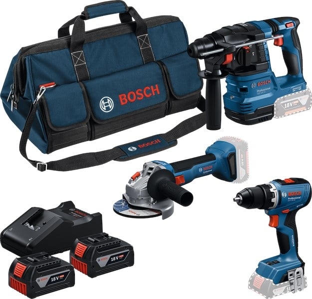 Bosch Professional 0615A500AH Battery toolkit 3-toolkit 18V GSB 18V-65, GBH 18V-2, GWS 18V-11 3x 5.0Ah battery and charger GAL 12V/18V-80 in toolbag