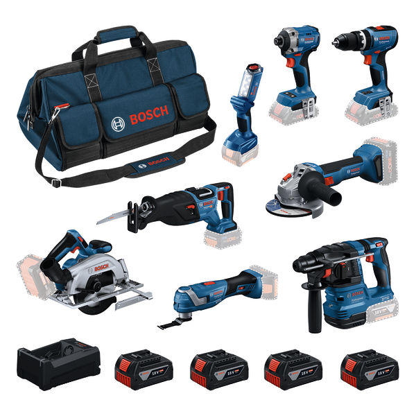 Bosch Professional 0615V00061 Battery toolkit 8-toolkit 18V GBH 18V-22, GWS 18V-8, GDR 18V-215, GSB 18V-65, GKS 18V-57-2, GSA 18V-28, GOP 18V-34, GLI 18V-300 4x GBA 5.0Ah and charger GAL 12V/18V-80 in toolbag