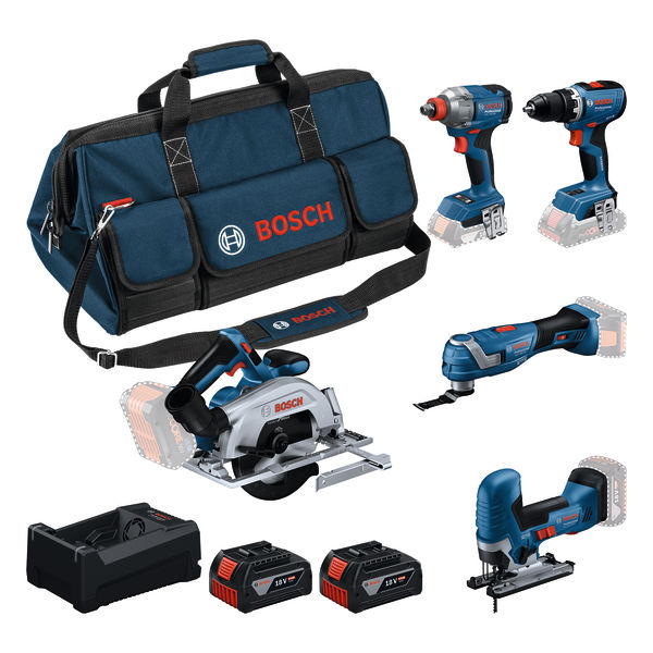 Bosch Professional 0615A500BV Battery toolkit 5-toolkit 18V GSR 18V-65, GDX 18V-285, GKS 18V-57-2, GOP 18V-34, GST 18V-125 S 2x GBA 5.0Ah batteries and charger GAL 12V-18V-80 in toolbag