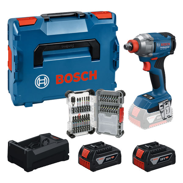 Bosch Professional 0615A500DY GDX18V-285 Cordless screwdriver/ impact wrench 2x 18V 5.0Ah battery and charger GAL12V/18V-80 + 31-piece bit set in L-BOXX