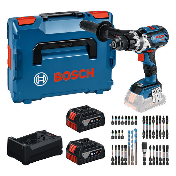 Bosch Professional 0615A500E0 GSB 18V-110 C Cordless screwdriver 2x 18V 5.0Ah battery and charger GAL12V/18V-80 + 35-piece bit set in L-BOXX