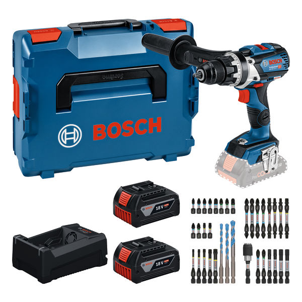 Bosch Professional 0615A500E3 GSR 18V-110 C Cordless drill 2x 18V 5.0Ah battery and charger GAL12V/18V-80 + 35-piece bit set in L-BOXX