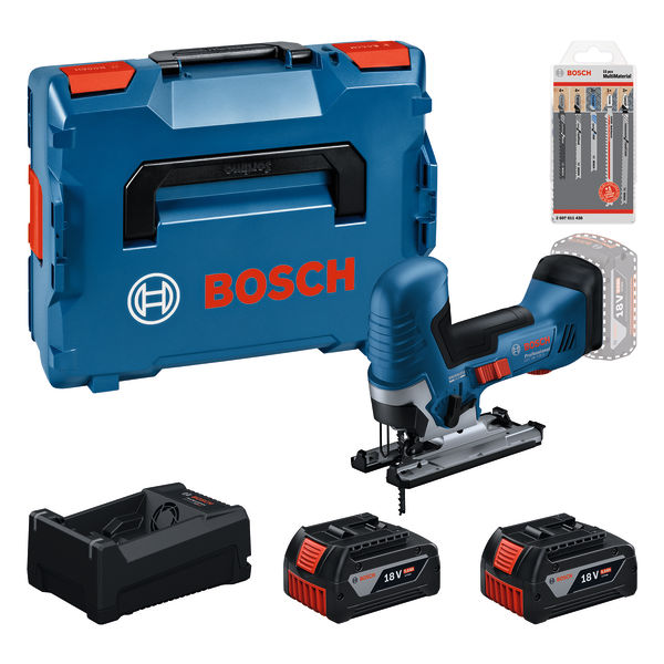 Bosch Professional 0615A500E5 GST 18V-125 S cordless jigsaw 2x 18V 5.0Ah battery and charger GAL12V/18V-80 + Jigsaw blade set 15-piece in L-BOXX