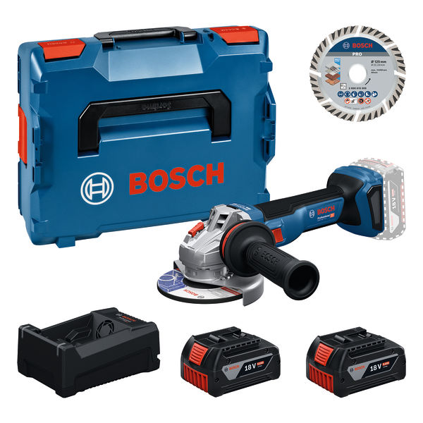 Bosch Professional 0615A500E6 GWS18V-11S Accu angle grinder 2x 18V 5.0Ah battery and charger GAL12V/18V-80 + diamond wheel in L-BOXX
