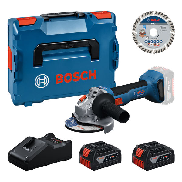 Bosch Professional 0615A500E7 GWS18V-8 Accu angle grinder 2x 18V 4.0Ah battery and charger GAL18V-40 + diamond wheel in L-BOXX