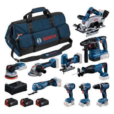 Bosch Professional 0615A500EH Battery toolkit 10 machines 18V 3x 5.0Ah battery and GAL12V/18V-80 charger in toolbag