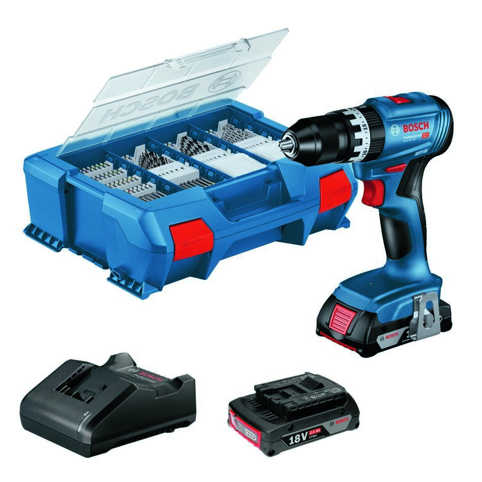 Bosch Professional 06019K3306 GSB 18V-45 Cordless impact drill 2x 2.0 Ah and charger GAL 18V-20 in L-Case Pick&Click