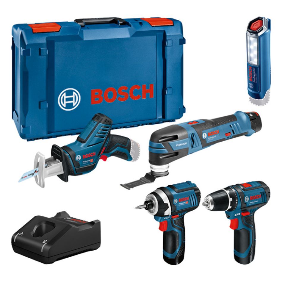 Bosch Professional 0615990N1D 5 Toolkit 12V - cordless drill + reciprocating saw + impact screwdriver + multi-tool + lamp 12V 3 x 2.0Ah in XL-Boxx