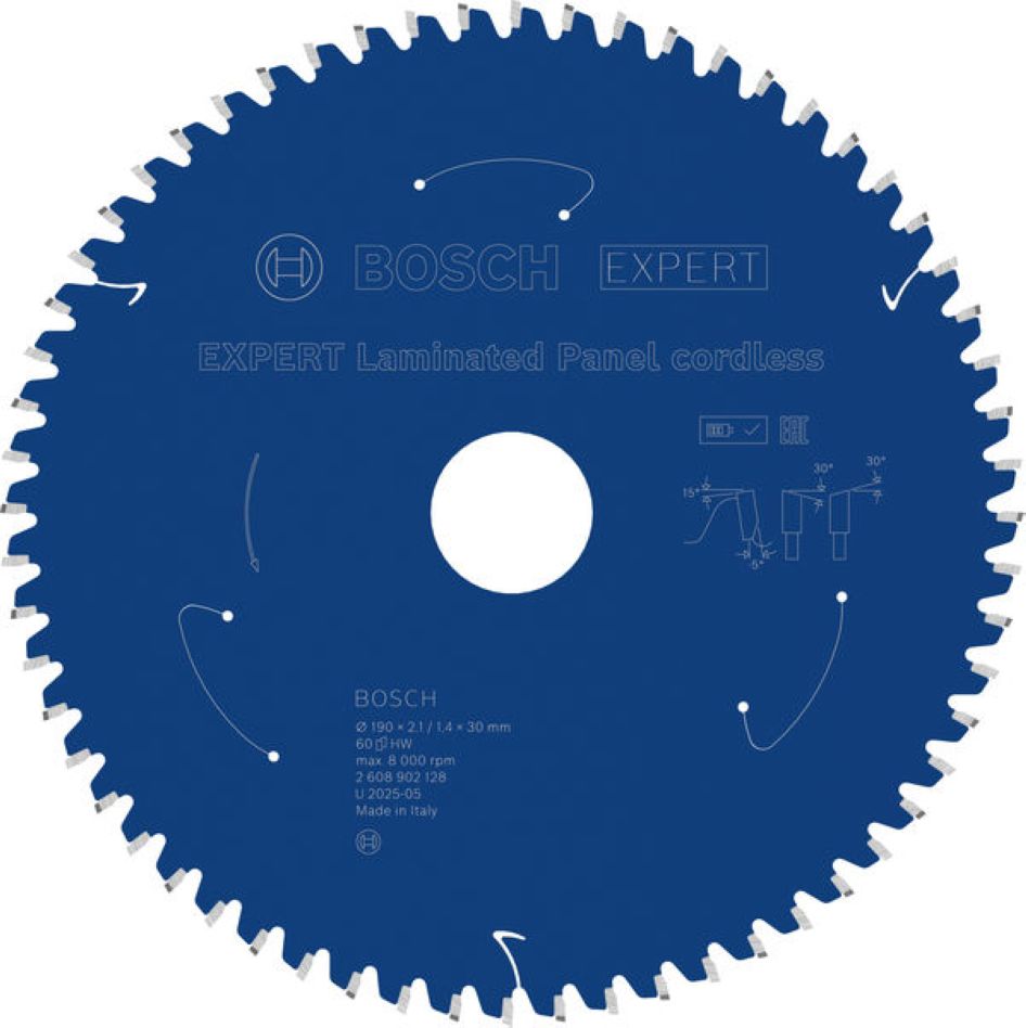 Bosch Professional Accessories 2608902128 EXPERT Circular saw blade Laminated Panel cordless 190 x 2.1/1.4 x 30 mm T60