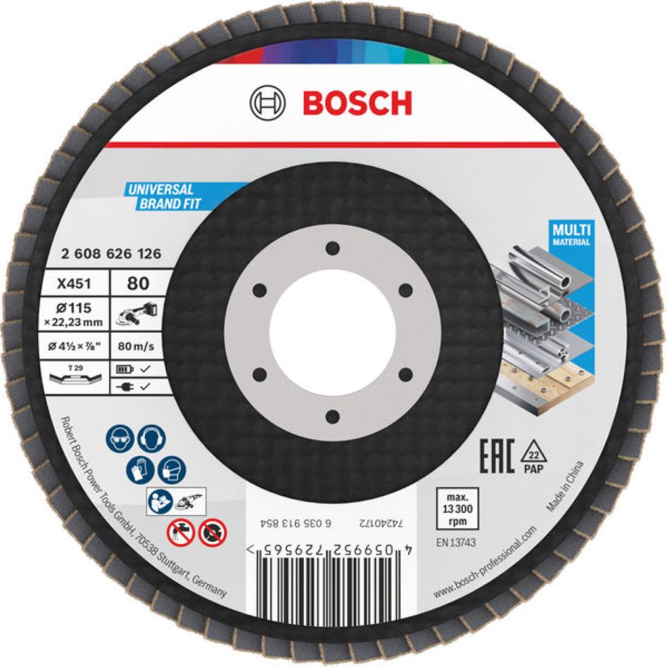 Bosch Professional Accessories 2608626126 Flap sanding disc X451 Multi Material ø115 mm grit 80 angled version
