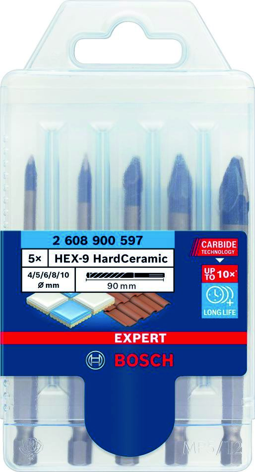 Bosch Professional Accessories 2608900597 Expert HardCeramic HEX-9 drill set 4/5/6/8/10 mm 5-piece