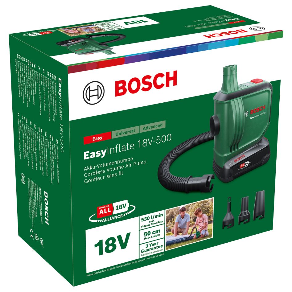 Bosch DIY 0603947201 EasyInflate 18V-500 Battery volume pump set 1x 2.0 Ah and charger AL 18V-20 in box