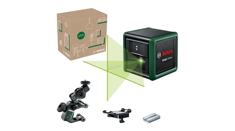 Bosch DIY 0603663CZ0 Quigo Green Cross line laser incl. 2x AAA batteries, universal clamp and adapter in box