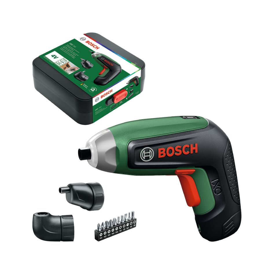 Bosch DIY 06039G4001 IXO 8 4V cordless screwdriver set 1x 4V battery 2.0Ah with angle attachment and eccentric attachment + bit set 10-piece in storage box