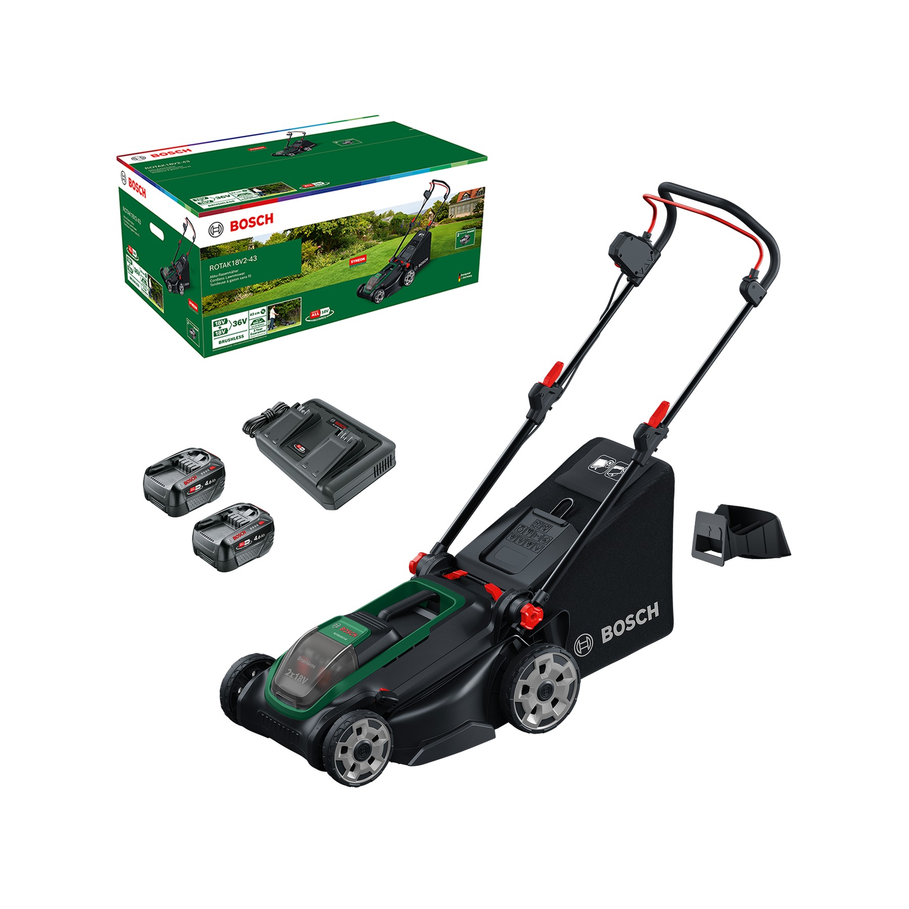 Bosch DIY 06008B9L00 Rotak 18V2-43 cordless mower 2x 18V 4.0Ah battery and AL 2x18V-88 charger and mulch plug in box