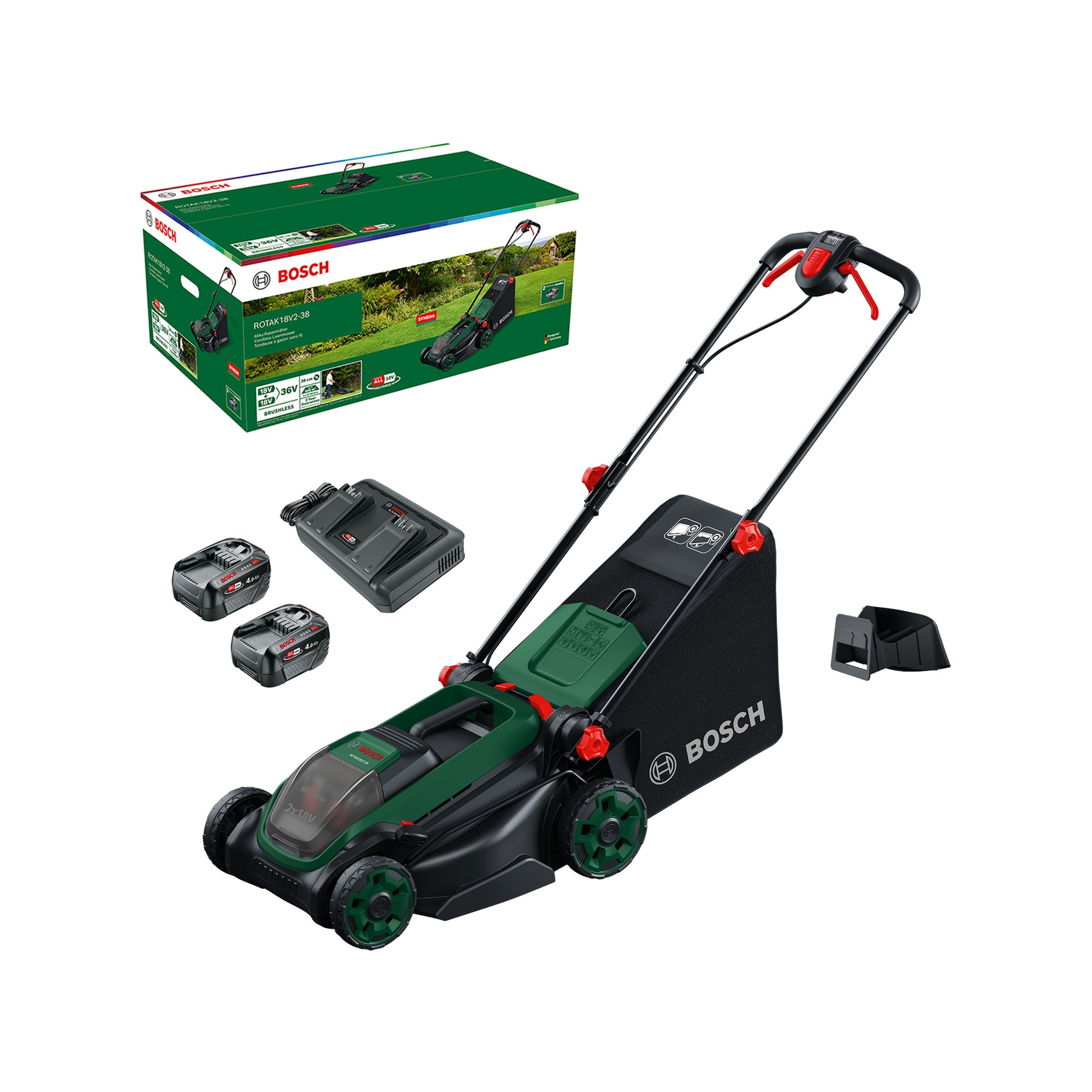 Bosch DIY 06008B9M00 Rotak 18V2-38 cordless mower 2x 18V 4.0Ah battery and AL 2x18V-88 charger and mulch plug in box