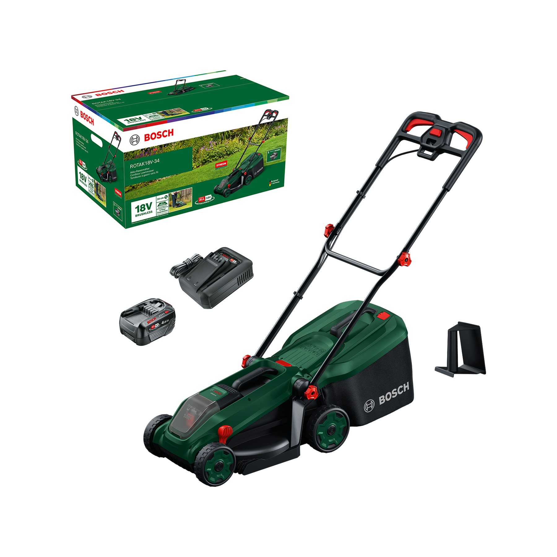 Bosch DIY 06008B9N00 Rotak 18V-34 cordless mower 1x 18V 4.0Ah battery and AL18V-44 charger and mulch plug in box