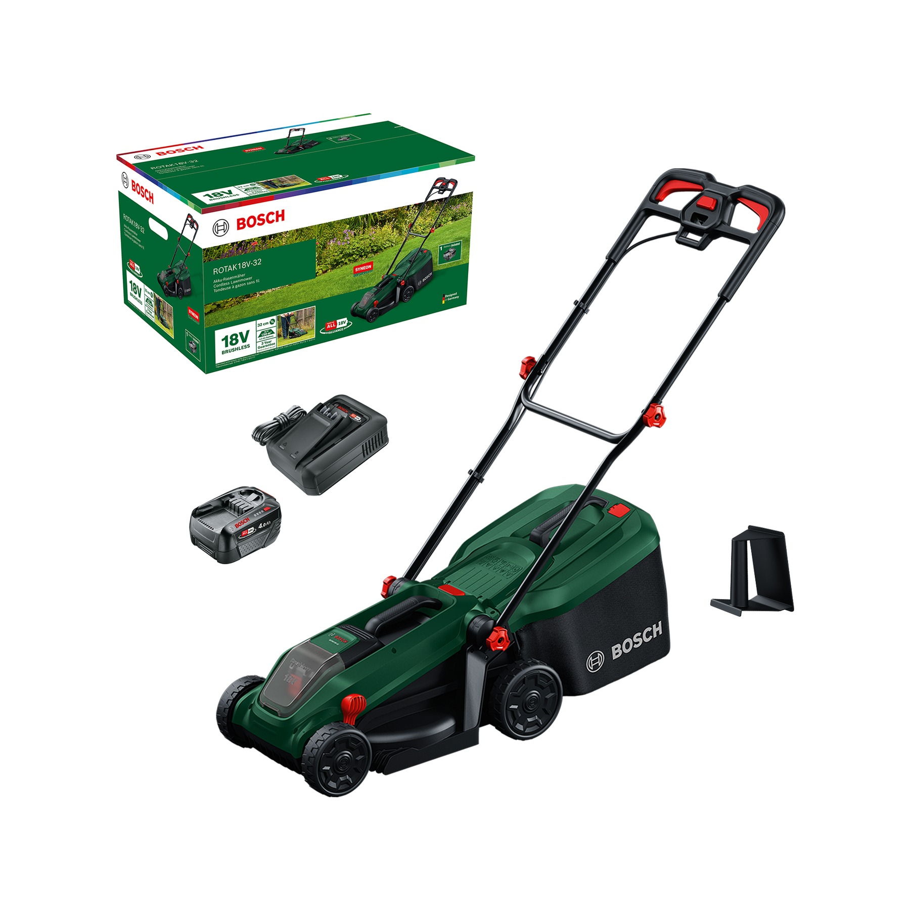 Bosch DIY 06008B9P00 Rotak 18V-32 cordless mower 1x 18V 4.0Ah battery and AL18V-44 charger and mulch plug in box