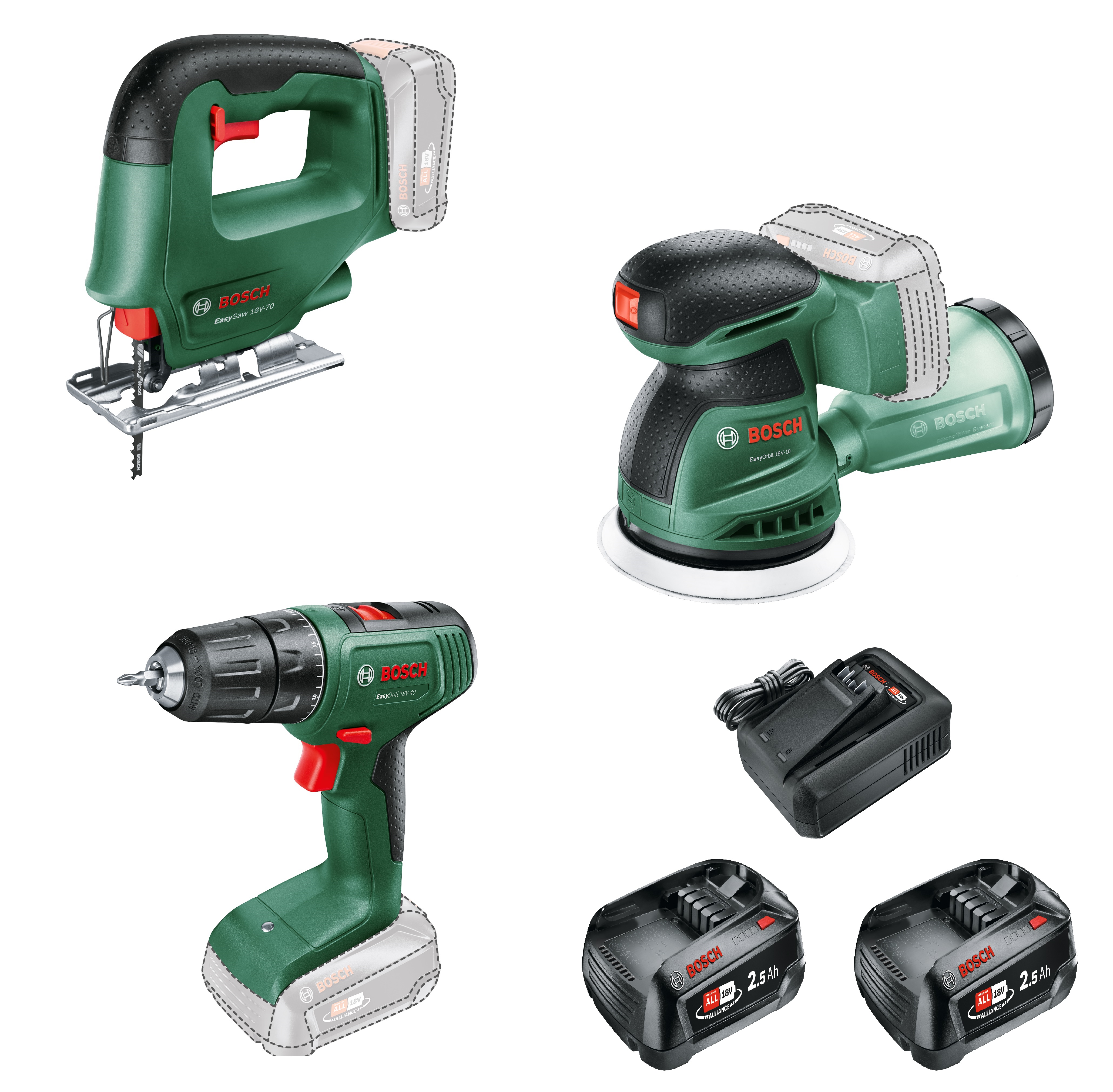 Bosch DIY 0615A500A9 Accutoolkit Combipack 3 machines 2x 18V 2.5Ah batteries and charger AL 18V-44 and tool bag in box