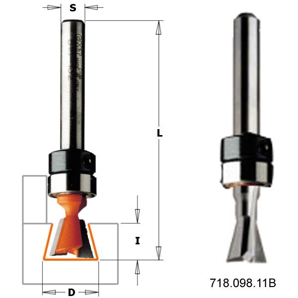 CMT 818.159.11B Dovetail cutter with guide bearing on shank 16x25,4x68,3 shank 9,5 mm