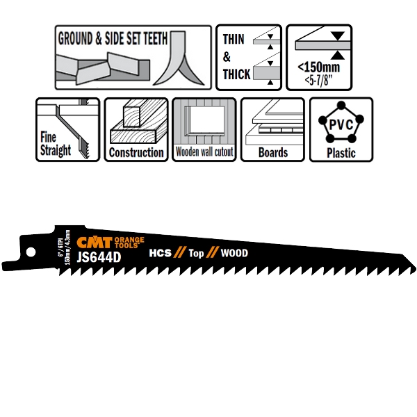 CMT JS2345X-5 JS2345X Reciprocating saw blades 5 pieces HCS 200mm x 1.25 x 6-10TPI construction wood; boards; particle board; MDF; plywood; plastic, wood wall, fine cut.