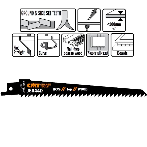CMT JS644D-5 JS644D Reciprocating saw blades 5 pcs HCS 150mm x 1,25 x 6TPI construction wood; wood wall; boards; chipboard; MDF; plywood; plastic