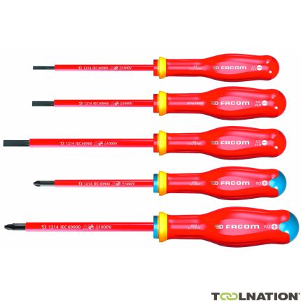 Facom ATD.J5TVEPB Set Of 5 Insulated Screwdrivers With Extra Thin Blade, for slotted screws, PH - 1