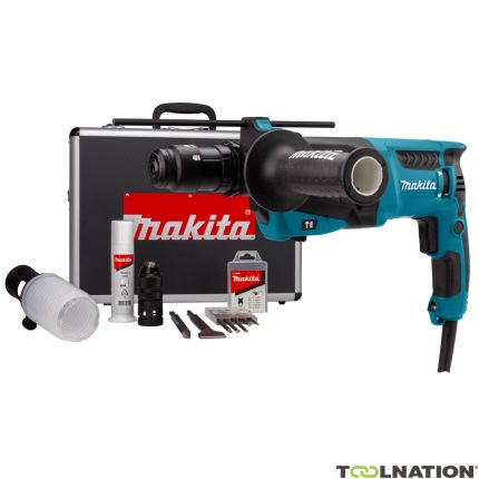 Makita HR2631FTX4 Combination hammer with replaceable head, extraction set and 5-piece drill chisel set in black aluminium case - 1