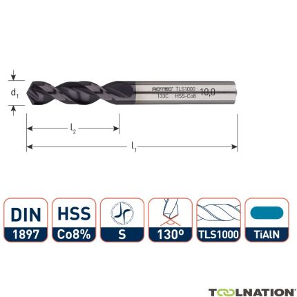 Rotec 133.1000C HSS-E sheet metal drill bit, DIN1897, type TLS1000, TiAlN, Ø10,0 - 1