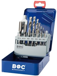 Bohrcraft 41201410015 Short Machine Tap Set EGB15 HSS DIN 352 / M3-M12+Drills+Holder