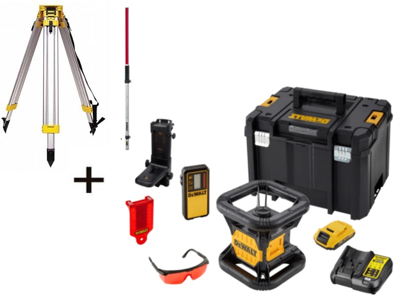 DeWalt DCE074D1R-SET 18V 2.0Ah Li-Ion Fully automatic rotating red laser(indoor) + DE0737 Measuring stick + DE0736 Alu tripod 5/8"