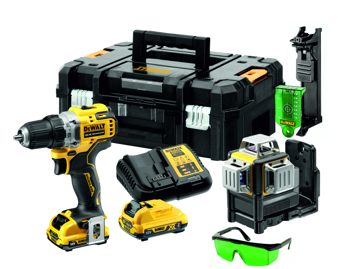 DeWalt DCK212D2T-QW set DCD701 drilling screwdriver + DCE089 Cross line laser green 12V 2.0 Ah Li-Ion in TSTAK case