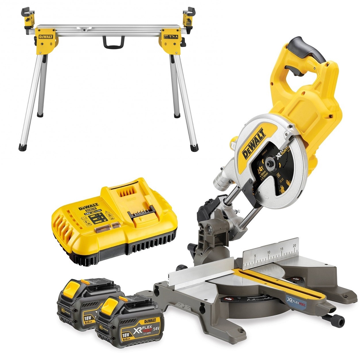DeWalt DCS777T2-QW-DE7033 DCS777T2-QW XR FlexVolt 54 Volt 6.0Ah Li-Ion Crosscut and mitre saw 216 mm + DE7033 stand