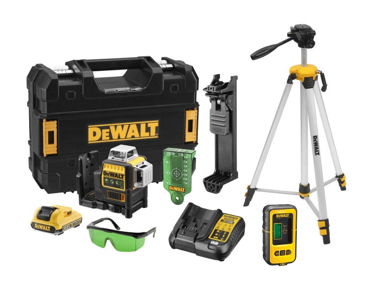 DeWalt DCE089D1GTRID Self-levelling Cross Line Laser Green Beam 10.8V 2.0Ah XR Li-Ion + Tripod DE0881T + DE0892G Receiver