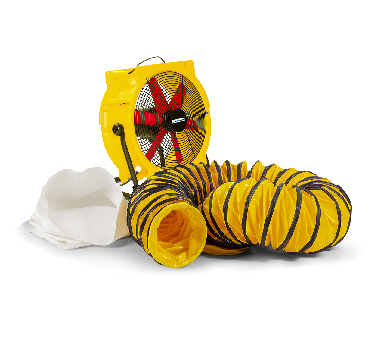 Dryfast DFV4500HPLSAU Axial fan with 2 adapters, 1 dust bag, and 1 10-meter air transport hose