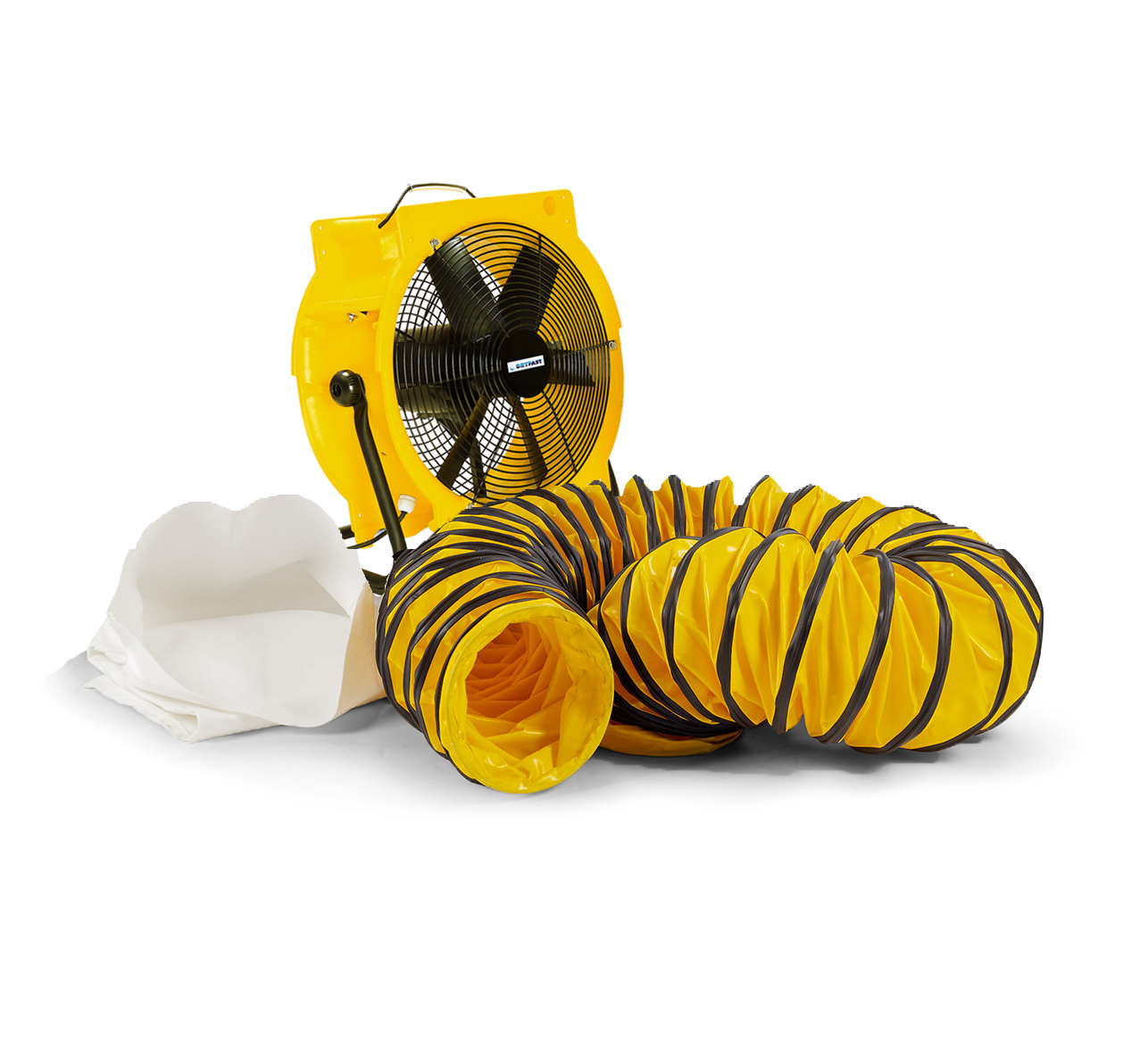 Dryfast DFV4500LSAU Axial fan with 2 adapters, 1 dust bag, and 1 10-meter air transport hose